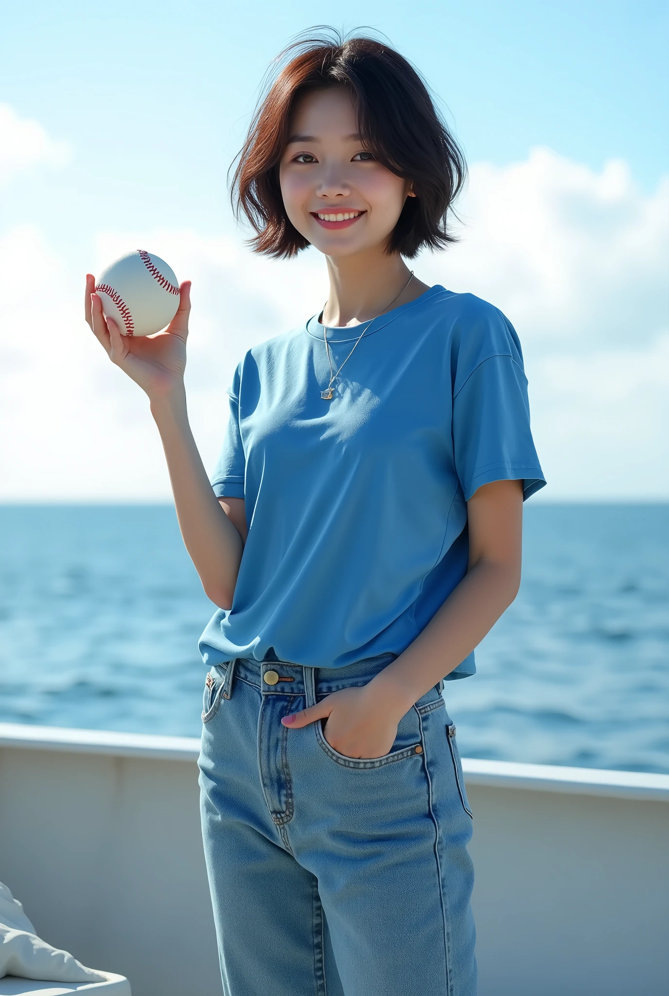Highly realistic 8k photos, sea background, standing on a boat, holding a baseball with one hand, Korean woman, Wearing a blue t-shirt and jeans, standing face to face, Looking at the camera, A photo showing the whole body, short hair, full body photo, Feet coming out, A little smile,