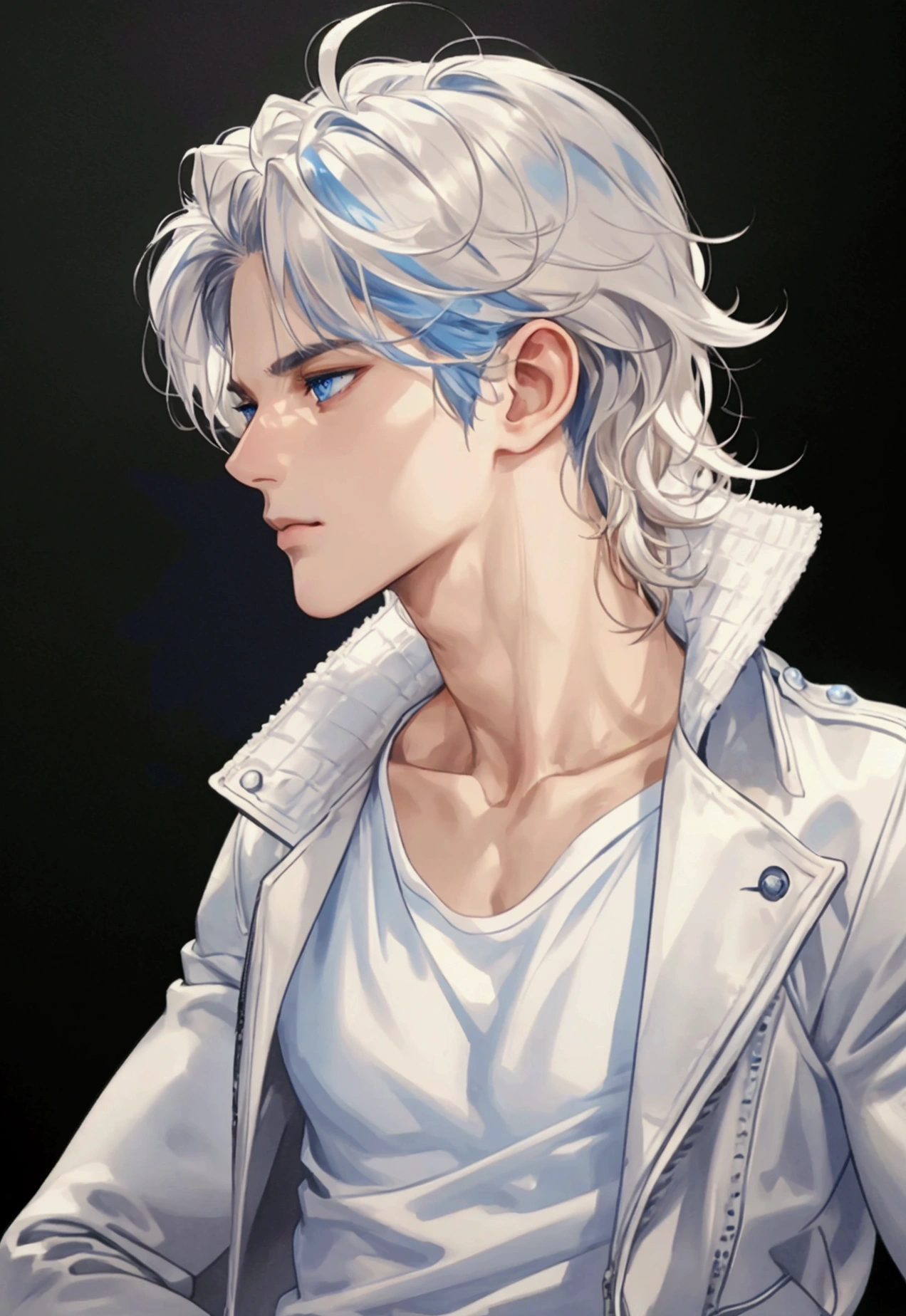 (masterpiece, High resolution, Ultra-detailed:1.0), (1male, male face), Perfect male body, adult male, Delicate eyes and delicate face, Extremely detailed CG, complicated details, detailed face, (by white, blue eyes, messy hair, calm face, White T-shirt, black leather jacket), simple background, color difference, depth of field, dramatic shadow, ray tracing, Best Quality, cinematic lighting, official art, profile portrait. proportionate neck