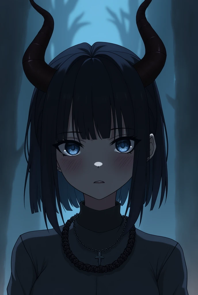 A dark skinned anime character, short straight hair, braids on the sides, elegant, horns, tired face and eye shadow With chain 