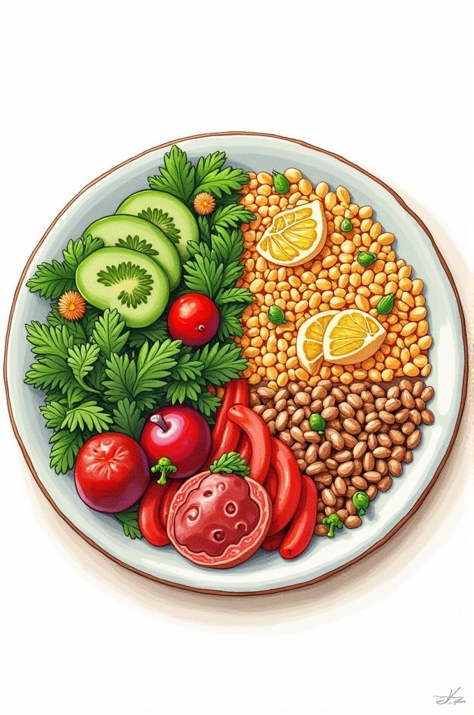 create a drawing, for coloring, of a healthy plate showing the correct division, 25% of carbohydrates. 25% of proteins (animal e vegetal) and 50% of vegetables and greens 