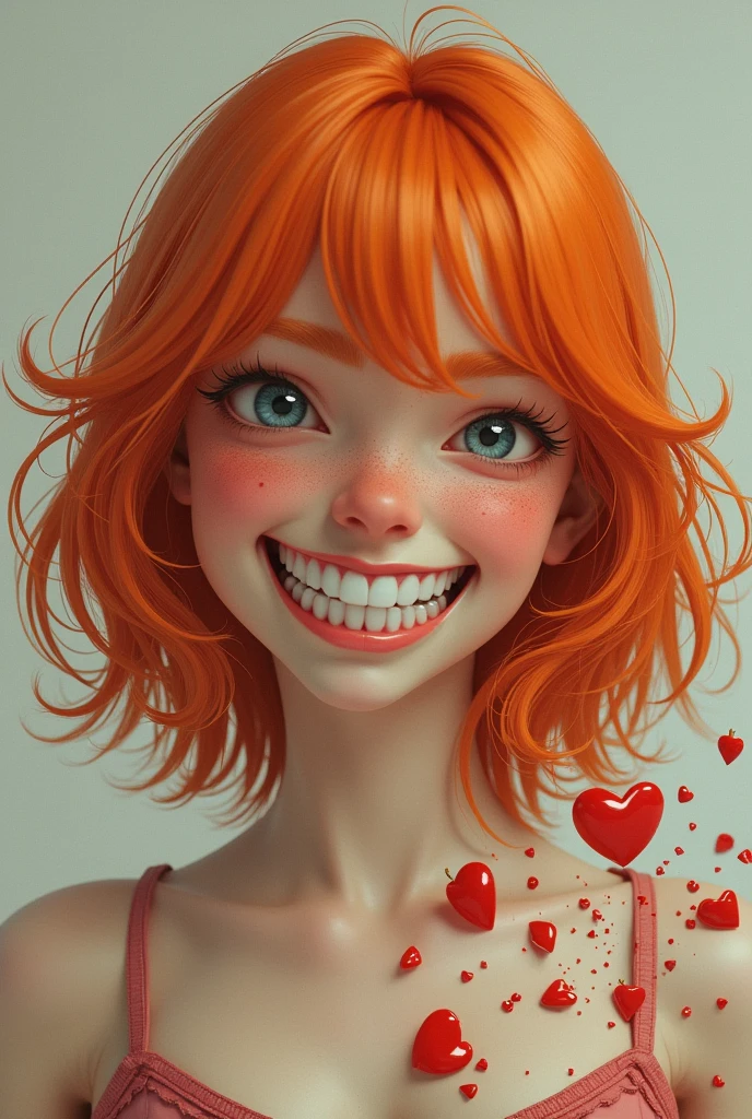 A young woman with orange hair grinning with a shattered heart in pieces behind her on the ground