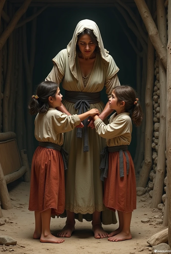 Peasant mother expelling her 2 daughters