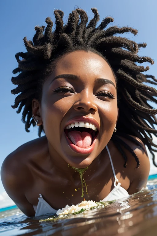 ((work of art)) create a super realistic 3d image of a beautiful black woman opening her mouth and eating a huge forkful of seaweed
