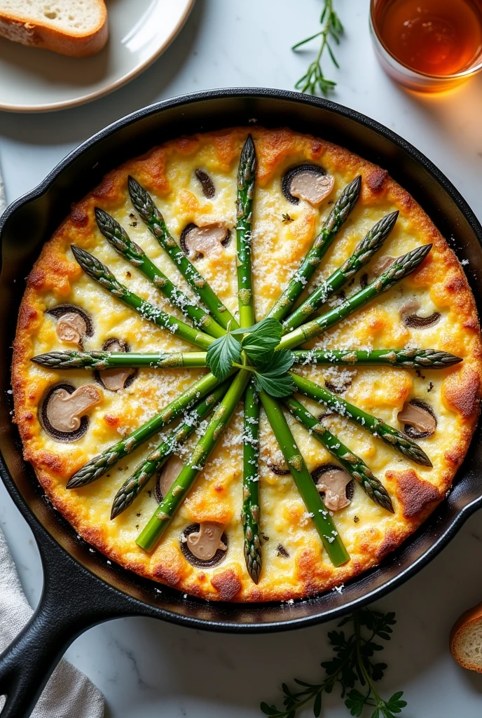 Create an image of this recipe: Asparagus and Mushroom Frittata Ingredients:
- Eggs: 4 units - Asparagus: 100 g - Mushrooms: 100 g - Onion: 50 g - Garlic: 10 g - Olive oil: 15 ml - Grated Parmesan cheese: 20 g
- Sal: 5 g - Pepper: 2 g Preparation:
1. Preheat the oven to 180°C.
2. Wash and cut the asparagus into small pieces and the mushrooms into slices.. Chop the onion and garlic.
3. In an oven-safe pan, Heat the olive oil and fry the onion and garlic until golden..
4. Add the asparagus and mushrooms, and cook for 5 more minutes.
5. Beat the eggs in a bowl, Season with salt and pepper, and pour the mixture over the vegetables in the pan.
6. Cook over medium heat for 3 minutes, and then sprinkle with parmesan cheese.
7. Transfer the pan to the oven and bake for 10-12 minutes., until the frittata is golden and fluffy.
8. Serve hot or at room temperature, cut into portions.
