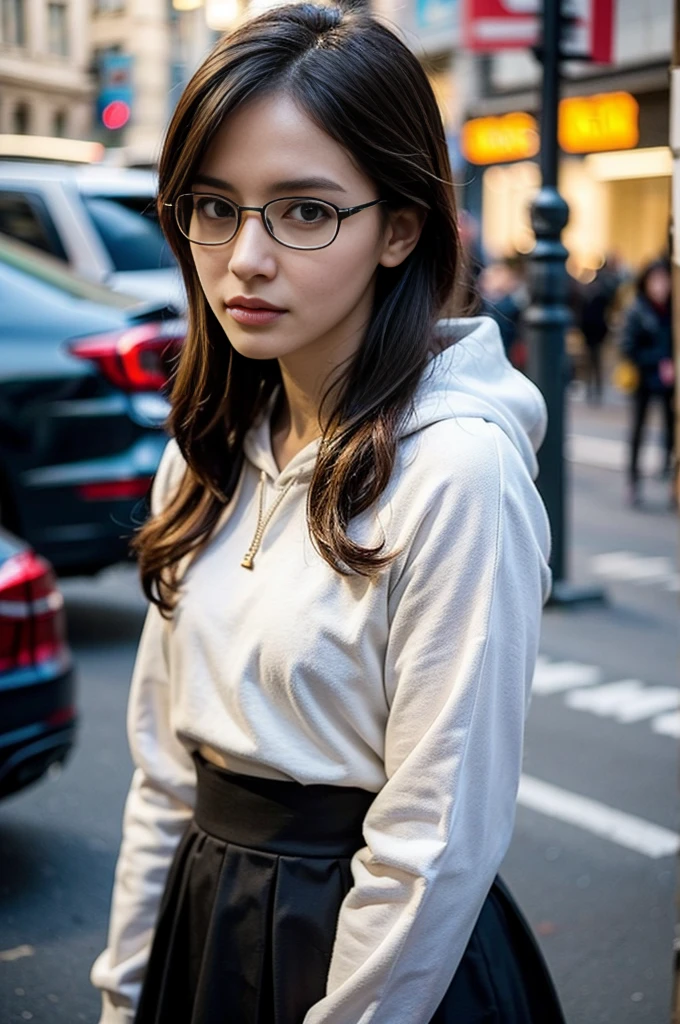 Photo of a beautiful woman standing on a street corner, (masterpiece:1.2, highest quality), (Realistic, photoRealistic:1.4), Beautiful illustrations, (Natural Side Lighting, Cinema Lighting), Written boundary depth, Beautiful thighs staring at the viewer, (((Face Focus, Upper Body))), 1 female, 30-year-old, alone, thin, slender, small breasts!!!, Loose curly hair, Bedhead, Forehead, thin, slender, (((glasses))), hoodie, Skinny skirt, Are standing, New York 25th Street, portrait