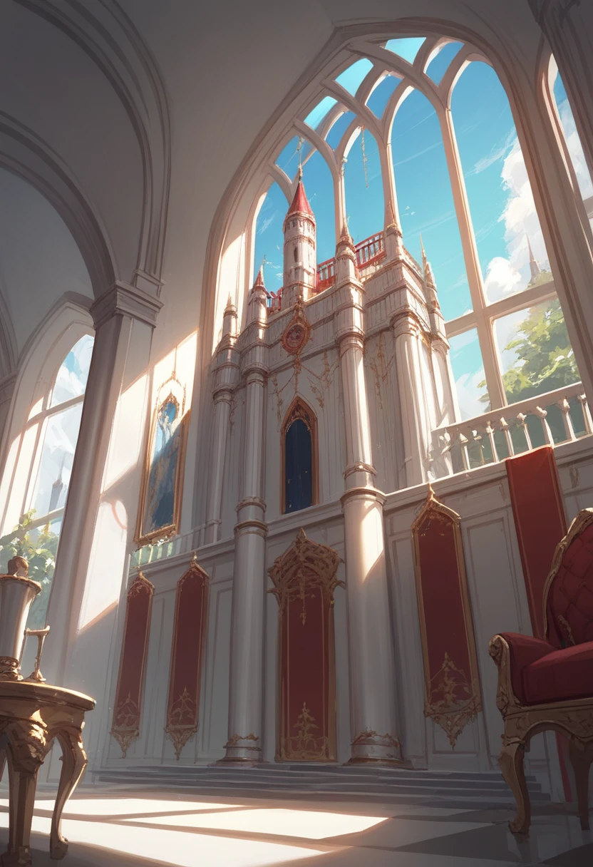 design, interior, interiordesign cielo gris, A castle in the cloud, with imposing towers and ethereal architecture, pale blue, red