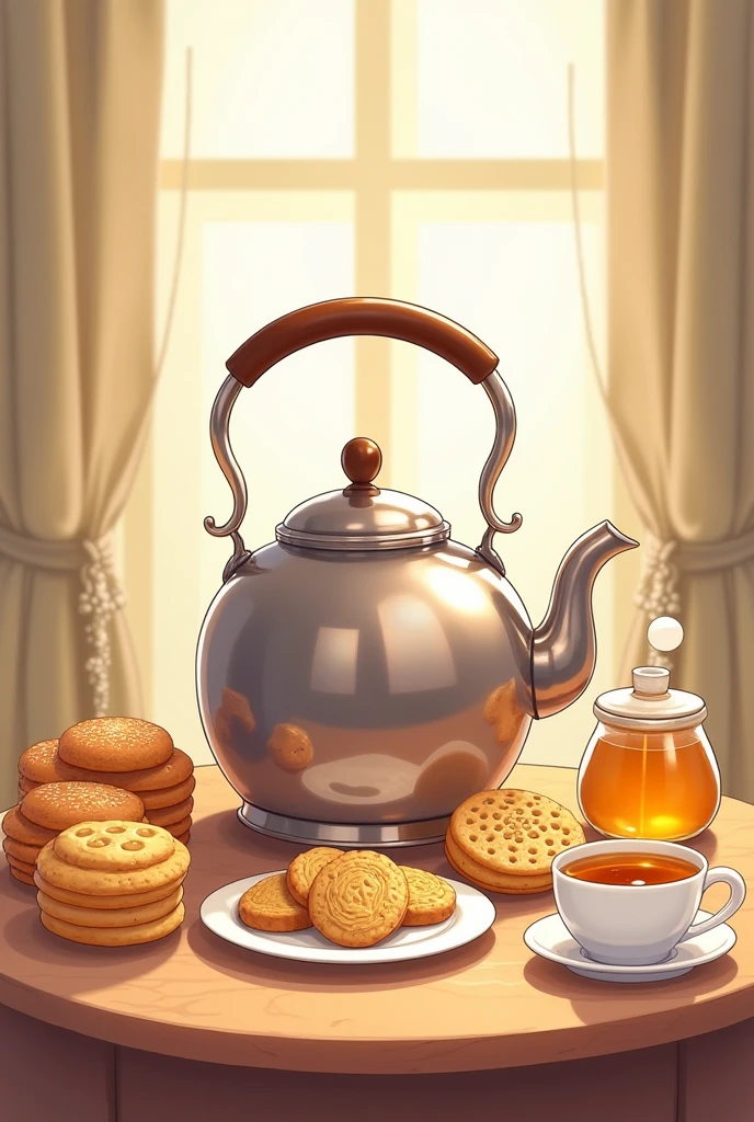 An Illustration of a Tea Table with a Kettle,
view from the front, with sweets, honey pot, biscuits, good and playful. no back ground.