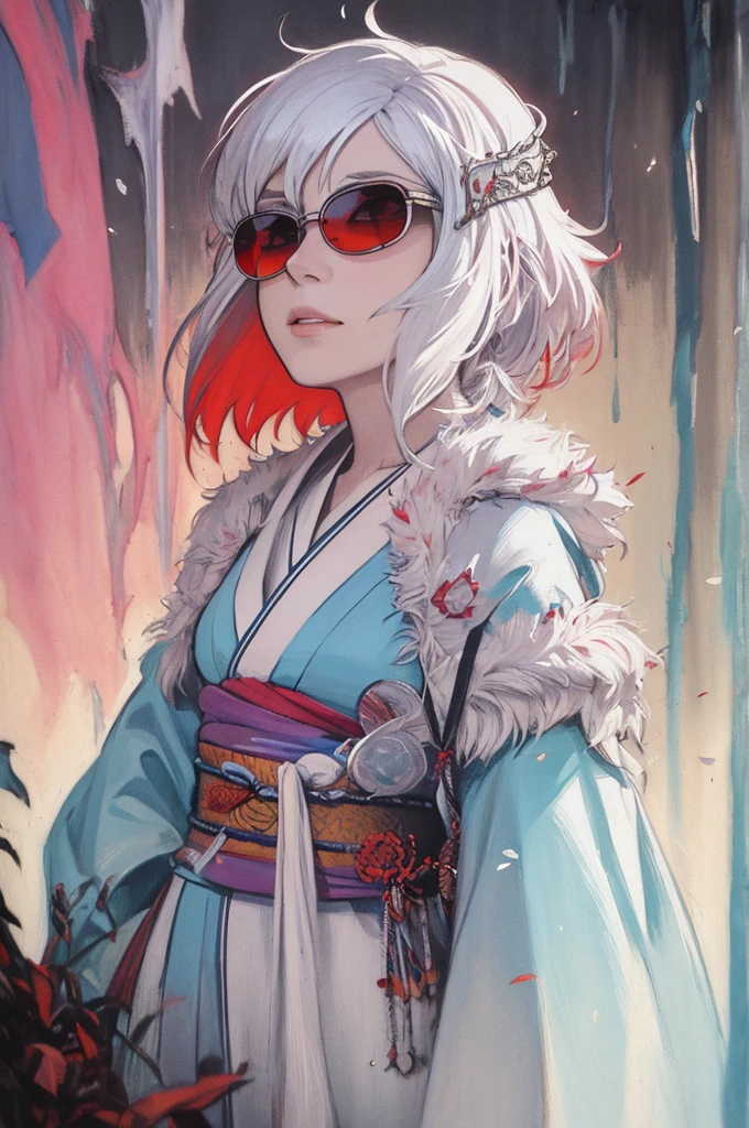 a woman with red wings, white hair on the shoulder, eye white, cleriga, wearing a light pink kimono , blue sunglasses, de corpo inteiro, in a style that combines dungeons and dragons art, oil painting, complex lighting, water colour, fancy, defined lines, saturated flat cores, film composition, perspective, Sketch Style, ultra-realistic, HD, with warm colors.