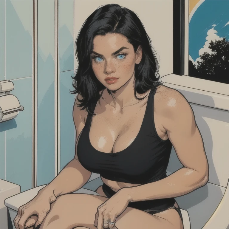 ung girl, 1, messy black hair, sky blue eyes, freckles, thin lips, round face, wearing a thin tank top with a low neckline (large breasts), wide hips, wearing a black embroidered thong, sitting on the toilet, thoughtfully facing the viewer, small bathroom scene