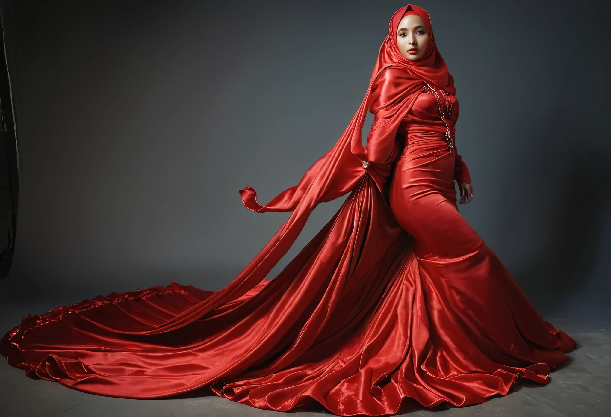 A woman shrouded in a 8-meter-long, plush red satin cloth, tightly bound and grandly draping along the form of her body, flowing off into a pooled floor-length train, styled in a mermaid-inspired outfit, her head modestly veiled in a satin hijab, 175 height woman, in studio photo, a full-body pose conveying a sense of elegance, captured in a 4k resolution, ultra-realistic