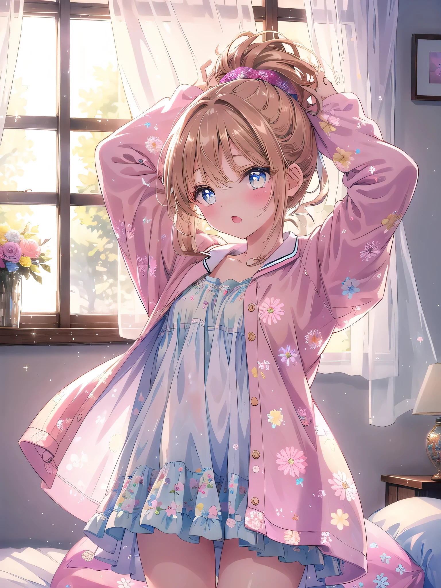 ((8k, Highest quality, masterpiece: 1.3)),Ultra-high resolution,(1 girl, alone), (Color changing eyes, Ultra-detailed, Expressive brilliance, Glitter, Glowing Eyes), Highly detailed eyes, Highly detailed face, Random Hair, ((pastel colour))A young girl with light brown hair tied in a messy ponytail stands in her cozy bedroom, stretching her arms above her head as she yawns. She’s wearing soft pastel pajamas with a subtle floral pattern. The sunlight gently streams through the window, casting a warm glow on her face. Her expression is sleepy yet content, as she prepares to start her day,(nsfw:1.1)