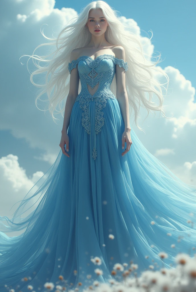 Giant girl, long blue dress,white hair ,looking at the viewer 