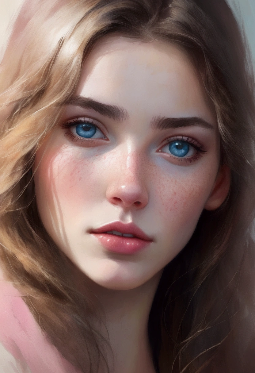 Generates a frontal portrait with lots of lighting of a young woman with very white skin and slightly large pink cheeks., with freckles, showing tenderness, big light blue eyes, small nose, full lips and small mouth, long eyelashes, eyebrows, long and bushy brown, round chin not so marked, with hair up , that does not interfere with your face