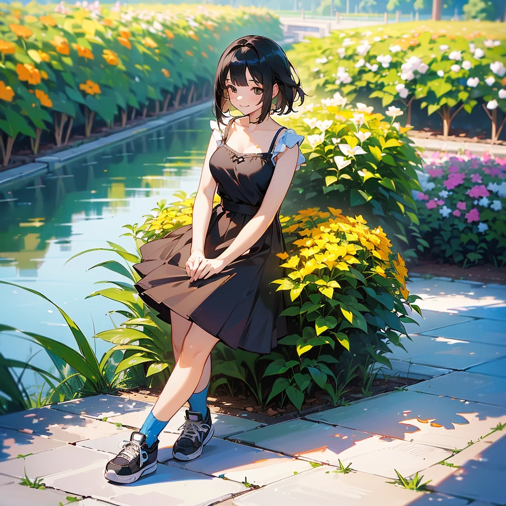 (high quality, High resolution, Very detailed, reality:1.37), Peaceful atmosphere, (Outdoor, garden), Teenage girl standing alone, (my breasts are big.), Beautiful details, Cute Smile, (Black bob hair), camisole, Brown Skirt, Blue socks, sneakers.