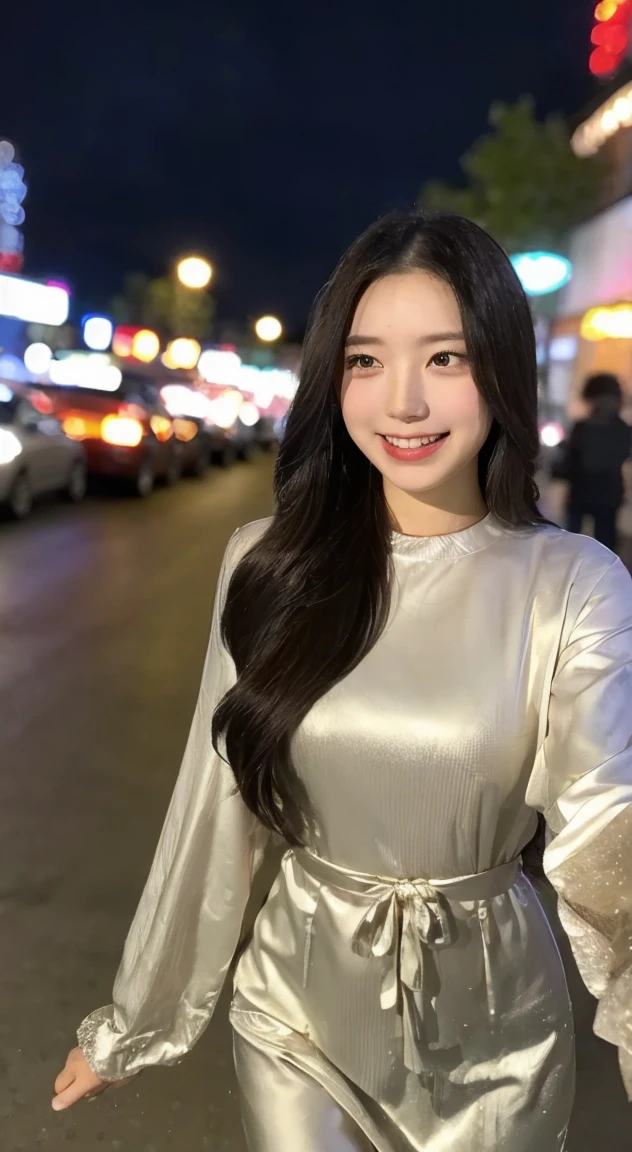 A beautiful nighttime cityscape with bright lights and glowing skyscrapers. In the foreground, a young girl with long flowing hair is walking down a softly lit street. She is wearing a light-colored dress that gently moves with the breeze. The girl is smiling warmly as she looks back over her shoulder, her eyes sparkling with joy. The street is lined with trees wrapped in twinkling lights, and a few pedestrians can be seen in the distance. The overall atmosphere is serene and magical, capturing the charm of a peaceful night in the city.