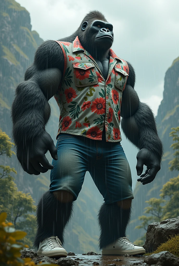 A muscular Giant Spider monkey standing on his two legs wearing floral design Shirt and jeans and wearing white sneakers In mountain area and heavily raining