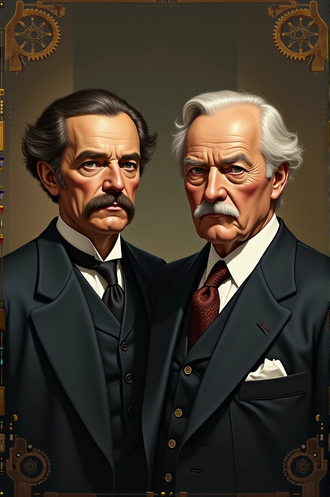 Create an image where the father of scientific management Frederick Taylor and the father of scientific management Henry Fayol are identified and the image at the bottom says by Miguel Angel Rivas
