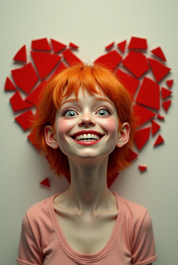 A young woman with orange hair grinning with a shattered heart in pieces behind her on the ground
