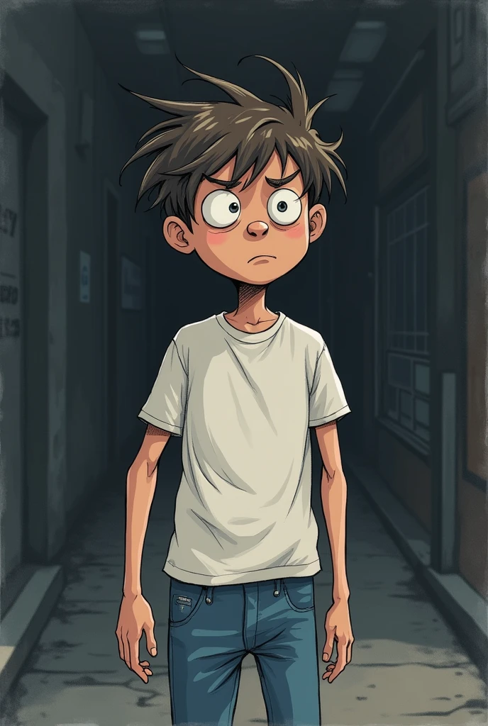 (minimalistic drawing)(dark little color)(young skinny messy hair )(Whiteshirt)(blue pants)the young man arrives on the street and is scared (very scared face ))