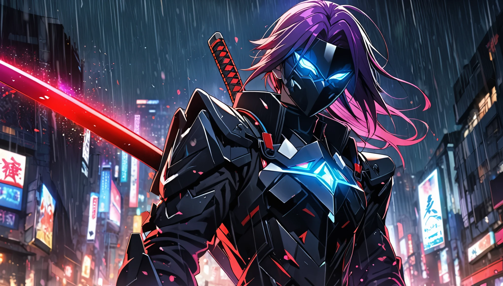 "A Portrait of Byakuya, He has sharp red eyes, red+Purple hair tied in a bun, Modern Ninja style with a black and red Katana with spyrals details , wearing a Modern Fighter suit black Color,with a black Samurai Mask. He stands in a cityscape raining night in the background, details care, Full HD, ((Shining vivid colors)), ((Ordem paranormal+Guren Lagan anime traces)), ((ultra detailed illustration)), (Award-Winning) Masterpiece, ((Magic particles in the atmosphere)), (stunning visual))