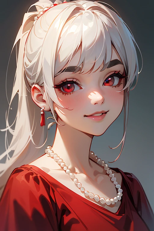 (Highest quality, masterpiece:1.2), High resolution, 最高masterpiece、Very detailed, Realistic:1.37, Fantasy, An illustration,Gray Hair、 Red eyes、Queen, Red dress、beautifully、Eyeshadow Red、Thick eyebrows、Long eyelashes、pupils are black、shiny on the lips、Top Sites、Queen、Princess、A kind smile、Soft impression、people々々々々々Loved by、Slimming the face、Shoulder Bare、ponytail、Kissing Face、Long white hair、Shaggy Bangs、(Save face image).(Training camp)、(A kind smile)、(Background white)、((Pearl Necklace))
