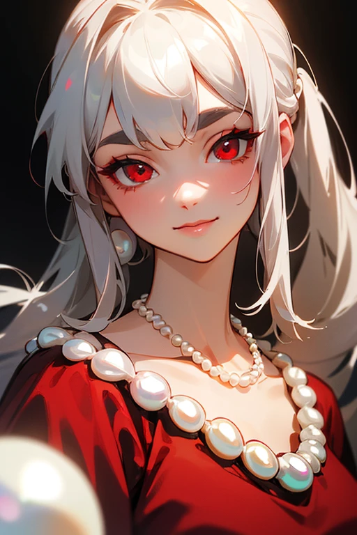 (Highest quality, masterpiece:1.2), High resolution, 最高masterpiece、Very detailed, Realistic:1.37, Fantasy, An illustration,Gray Hair、 Red eyes、Queen, Red dress、beautifully、Eyeshadow Red、Thick eyebrows、Long eyelashes、pupils are black、shiny on the lips、Top Sites、Queen、Princess、A kind smile、Soft impression、people々々々々々Loved by、Slimming the face、Shoulder Bare、ponytail、Kissing Face、Long white hair、Shaggy Bangs、(Save face image).(Training camp)、(A kind smile)、(Background white)、((Pearl Necklace))