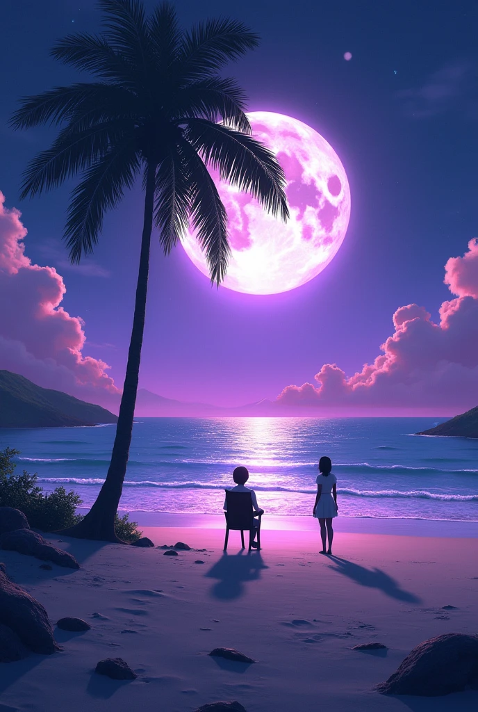 Person in a chair on the large beach at purple night with moon, with palm tree and a woman next to it, half invisible 