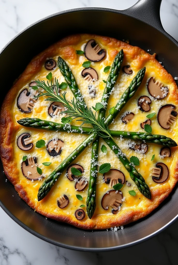 Create an image of this recipe: Asparagus and Mushroom Frittata Ingredients:
- Eggs: 4 units - Asparagus: 100 g - Mushrooms: 100 g - Onion: 50 g - Garlic: 10 g - Olive oil: 15 ml - Grated Parmesan cheese: 20 g
- Sal: 5 g - Pepper: 2 g Preparation:
1. Preheat the oven to 180°C.
2. Wash and cut the asparagus into small pieces and the mushrooms into slices.. Chop the onion and garlic.
3. In an oven-safe pan, Heat the olive oil and fry the onion and garlic until golden..
4. Add the asparagus and mushrooms, and cook for 5 more minutes.
5. Beat the eggs in a bowl, Season with salt and pepper, and pour the mixture over the vegetables in the pan.
6. Cook over medium heat for 3 minutes, and then sprinkle with parmesan cheese.
7. Transfer the pan to the oven and bake for 10-12 minutes., until the frittata is golden and fluffy.
8. Serve hot or at room temperature, cut into portions.
