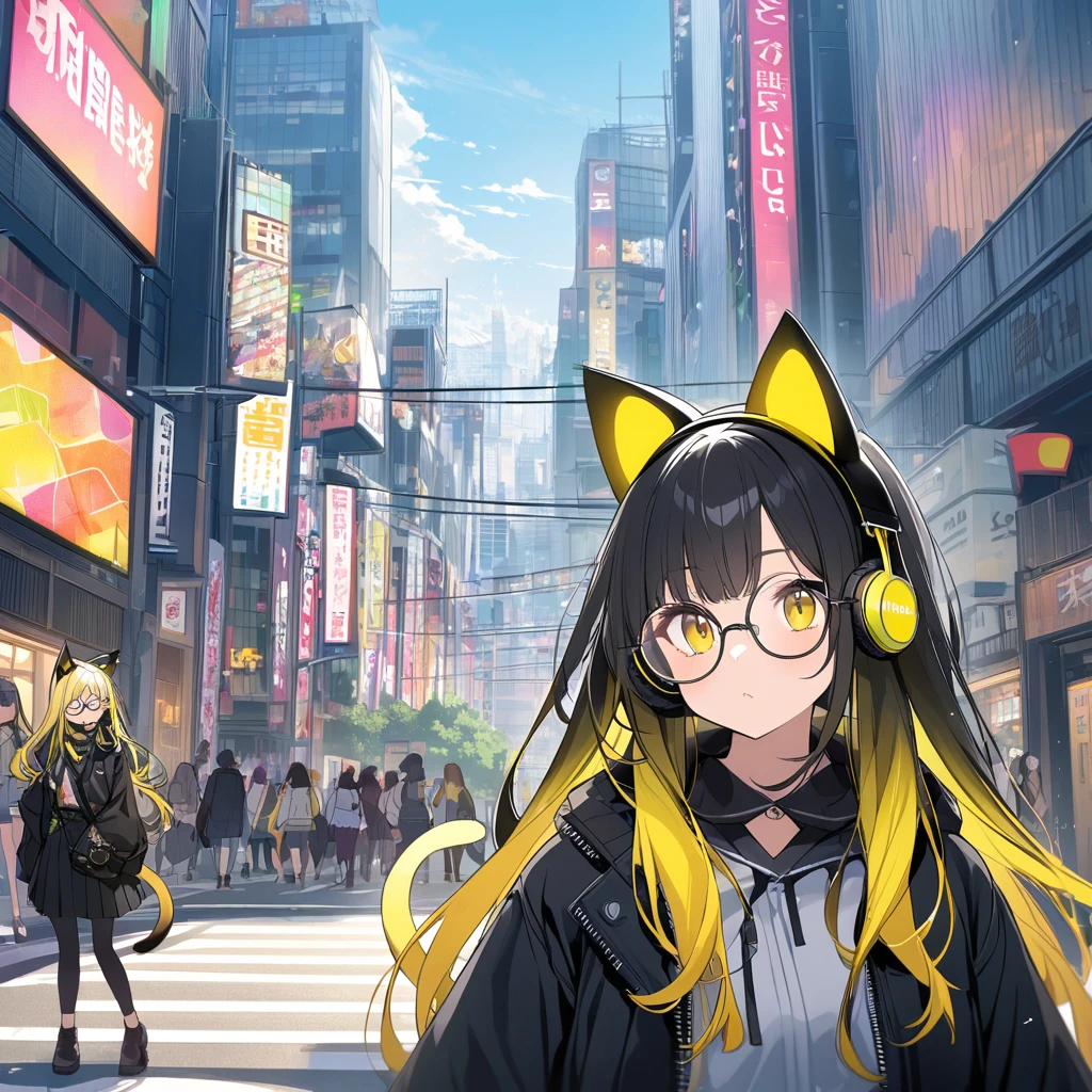 woman with headphones looking at the city of Tokyo,Streetscape、listen to music、Japanese、colorful hair, black long hair, yellow hair tail, Black and yellow highlighted hair color, Black and yellow gradient hair color, wear round glasses, A pair of cat ears on the head