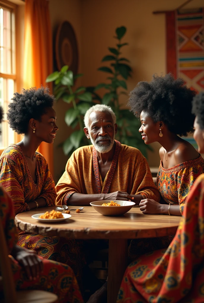 Generate an image of an old dark black couple in an African wear talking to their two dark black ladies in Afro hair in an African living room whiles siting around a table