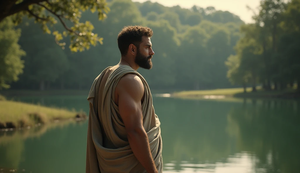 Medium shot of the same stoic philosopher, now standing before a reflective, still pond in a tranquil setting. He gazes into the water, his expression thoughtful as he recalls the wisdom of Seneca: ‘Associate with people who are likely to improve you.’ His classic tunic drapes elegantly over his well-built frame, the exposed shoulder catching the soft light. The background is calm, with serene greenery that contrasts with the previous scene’s harshness. Shot with a Canon EOS R5, using a Sigma 50mm f/1.4 DG HSM Art Lens, rendered in 8K, photorealistic style with soft, natural lighting, and an Octane render for hyper-realistic detail.”