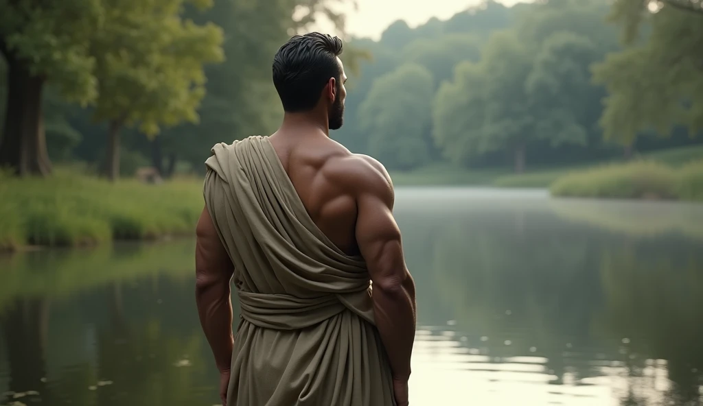Medium shot of the same stoic philosopher, now standing before a reflective, still pond in a tranquil setting. He gazes into the water, his expression thoughtful as he recalls the wisdom of Seneca: ‘Associate with people who are likely to improve you.’ His classic tunic drapes elegantly over his well-built frame, the exposed shoulder catching the soft light. The background is calm, with serene greenery that contrasts with the previous scene’s harshness. Shot with a Canon EOS R5, using a Sigma 50mm f/1.4 DG HSM Art Lens, rendered in 8K, photorealistic style with soft, natural lighting, and an Octane render for hyper-realistic detail.”