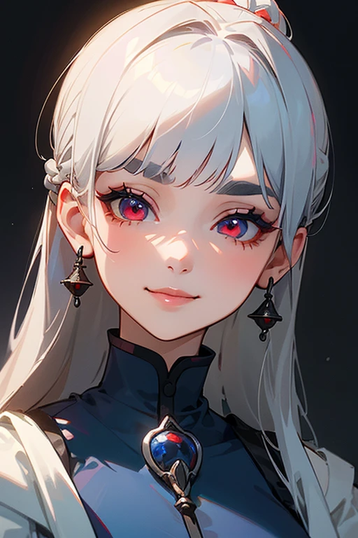 (Highest quality, masterpiece:1.2), High resolution, The highest masterpiece、Very detailed, Realistic:1.37, Fantasy, An illustration,Gray Hair、 Red eyes、Queen, Navy and blue dress、beautifully、Eyeshadow Red、Thick eyebrows、Long eyelashes、pupils are black、shiny on the lips、Top Sites、Queen、PRİNCESS、A kind smile、Soft impression、people々々Loved by、Slimming the face、Shoulder Bare、ponytail、Kissing Face、Long white hair、Shaggy Bangs、(Save face image).(Gothicta)、(A kind smile)、(Background white)、(パールのネックレス).