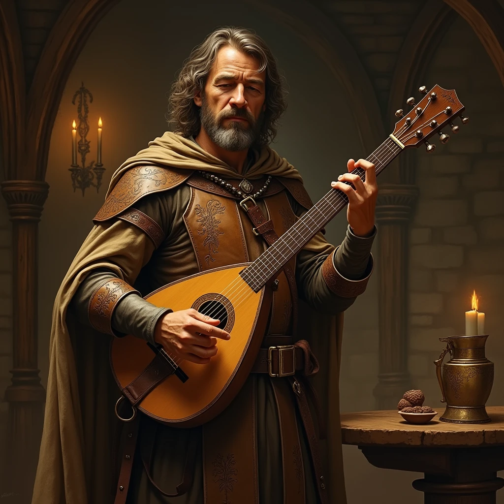 bard in leather armor holding a medieval instrument

