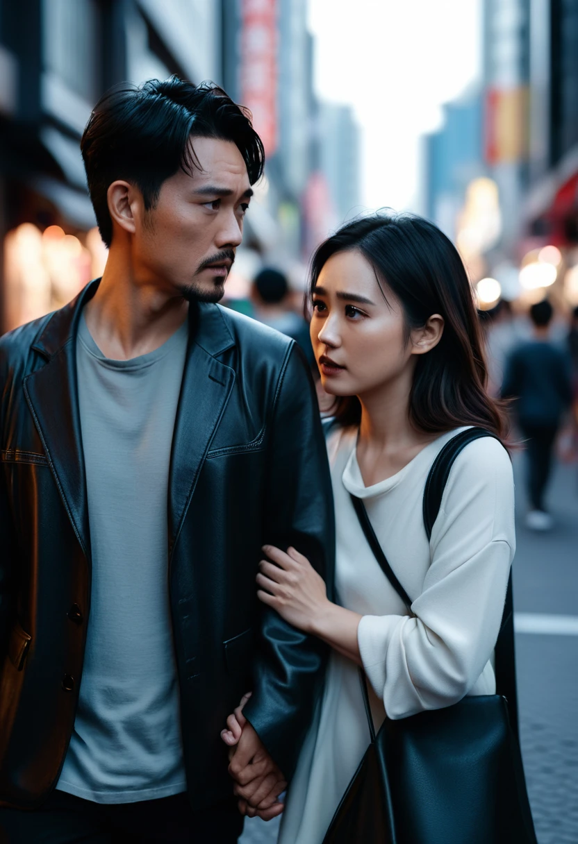 An Asian couple standing close to each other in a busy street, not holding hands. The man looks hesitant, the woman longing. Shallow depth of field, focus on their faces. Urban background blur. Photorealistic style, high contrast.
Cinematic lighting, high detail, 8K, artstation, conceptual art, dark fantasy. Photo taken with Canon EOS R5 85mm f/11 camera, sharp mode. 8K picture quality, realistic, masterpiece, sharpest and highest contrast, excellent depth of field, stereoscopic light.