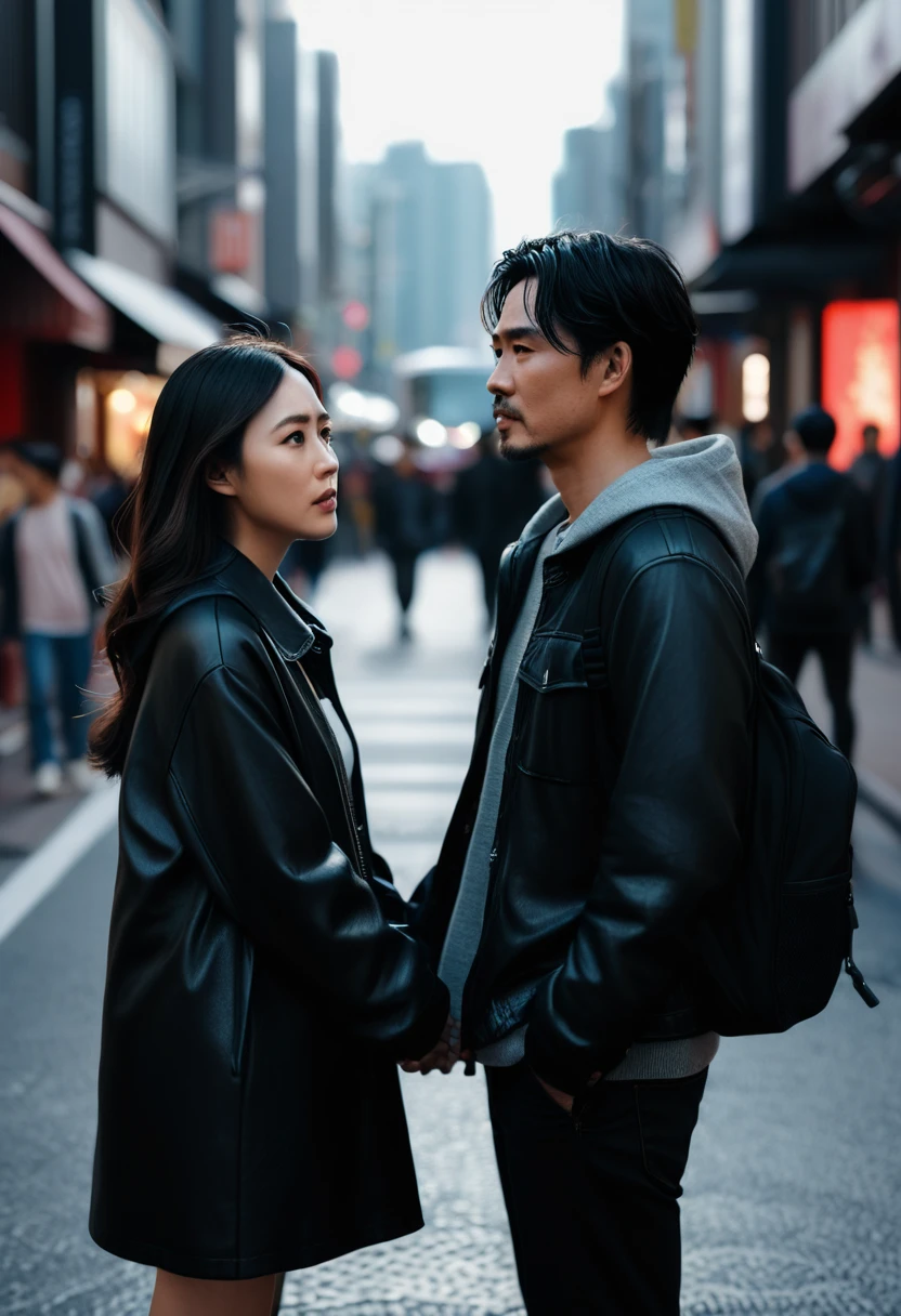 An Asian couple standing close to each other in a busy street, not holding hands. The man looks hesitant, the woman longing. Shallow depth of field, focus on their faces. Urban background blur. Photorealistic style, high contrast.
Cinematic lighting, high detail, 8K, artstation, conceptual art, dark fantasy. Photo taken with Canon EOS R5 85mm f/11 camera, sharp mode. 8K picture quality, realistic, masterpiece, sharpest and highest contrast, excellent depth of field, stereoscopic light.