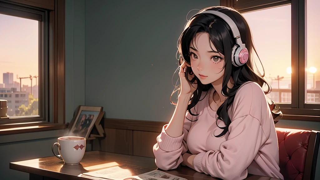 A retro anime-style illustration.Create an anime-style illustration of a young woman with dark hair, sitting in a cozy room by the window at sunrise. She is wearing large headphones and looking out the window with a peaceful expression. The room is softly lit with a warm, pinkish glow, and there is a steaming cup of coffee on the table beside her. The scene should evoke a calm, introspective mood, with the focus on the peaceful morning atmosphere.