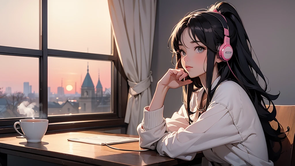 A retro anime-style illustration.Create an anime-style illustration of a young woman with dark hair, sitting in a cozy room by the window at sunrise. She is wearing large headphones and looking out the window with a peaceful expression. The room is softly lit with a warm, pinkish glow, and there is a steaming cup of coffee on the table beside her. The scene should evoke a calm, introspective mood, with the focus on the peaceful morning atmosphere.