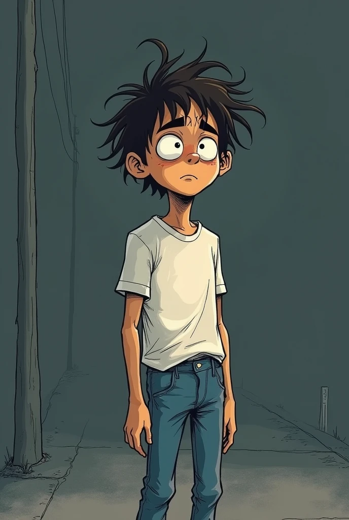 (minimalistic drawing)(dark little color)(young skinny messy hair )(Whiteshirt)(blue pants)the young man arrives on the street and is scared (very scared face ))
