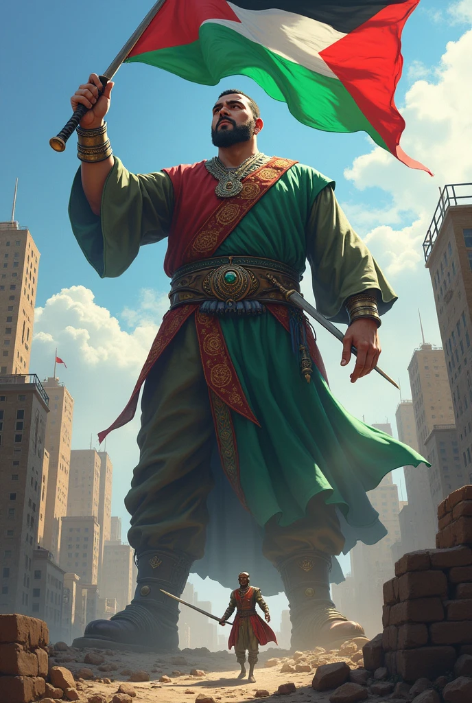 a Big Palestinian man is standing in a city with sword , he is high than big building and he looking his body and holding Palestinian plag by his hand, his dress is maked by Palestinian plag and he is killing is a man by his own hand is holding . who are dressed by Israeli plag