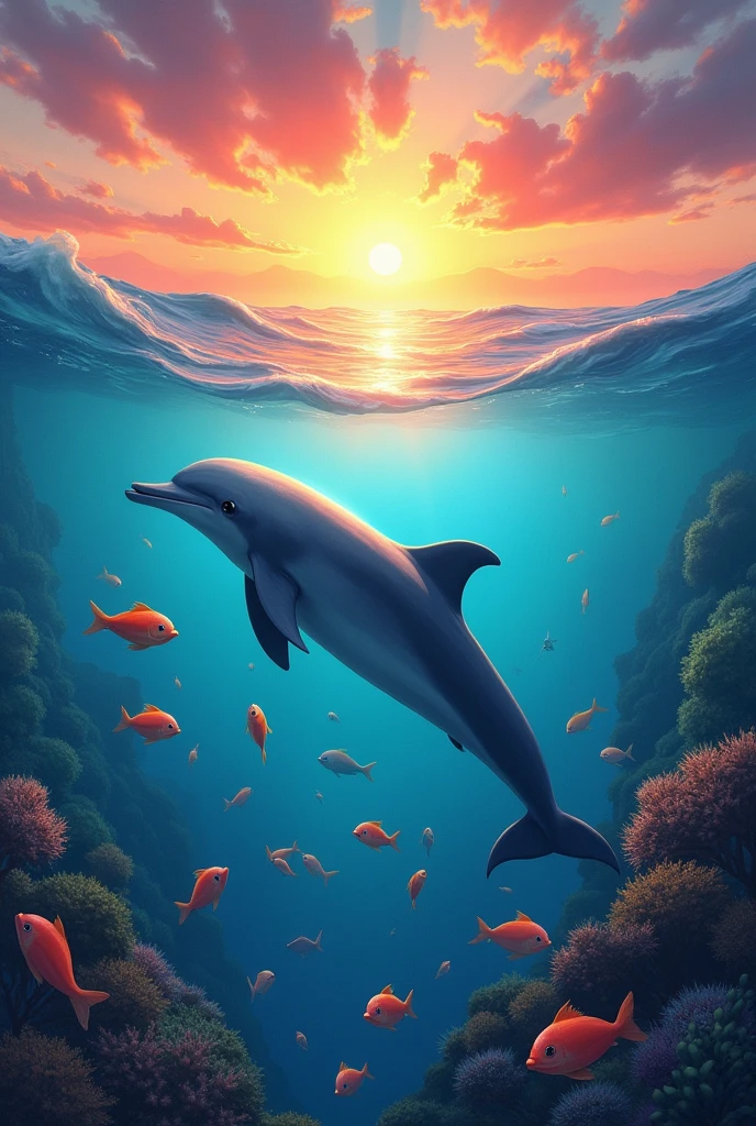 A dolphin swimming with fish in the sea at sunset, that the image is very colorful 