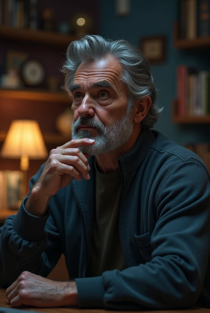 “A Japanese man in his 40s with rugged features, slightly graying hair, and a serious expression. He’s sitting alone at a dimly lit bar, the light from a single lamp casting shadows on his face, a half-empty glass of whiskey in front of him”