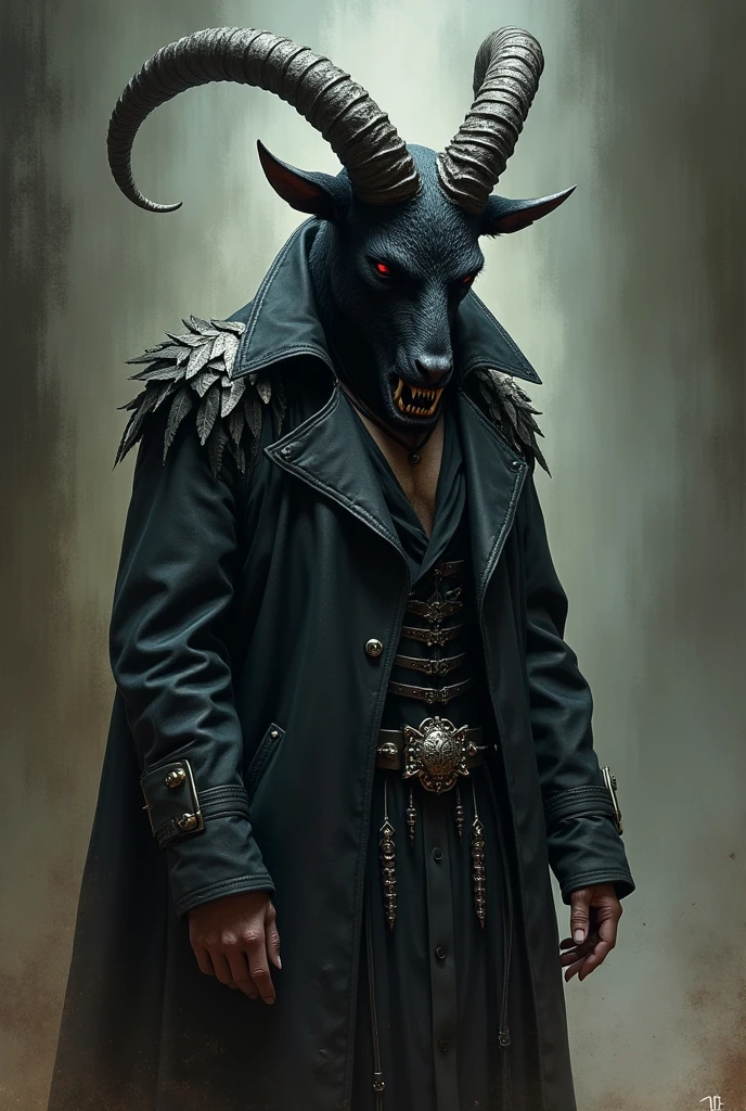 acts as a professional illustrator and creates the image of a standing man with a black goat head, that has four horns, dressed as a death metal singer 