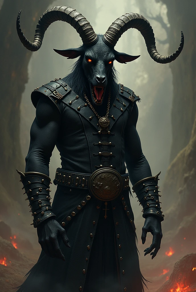 acts as a professional illustrator and creates the image of a standing man with a black goat head, that has four horns, dressed as a death metal singer 