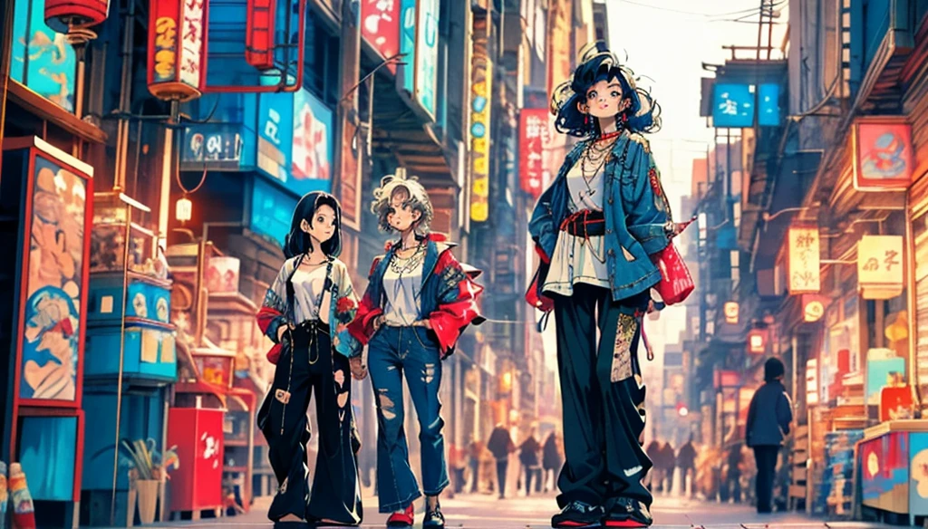 A full body woman on a street in 80s anime style, with a vintage aesthetic. She is wearing an oversized denim jacket, high-waisted wide-leg pants and sneakers, all with soft colors, typical of the 80s. Your hair is long, smooth ass, with a touch of nostalgic sparkle, and is slightly disheveled by the wind. The street around it has classic elements like old lamp posts., neon signs with japanese signs, and buildings with aged facades, but still colorful. The lighting is soft, with pastel tones and a late afternoon sky, creating a tranquil and relaxing atmosphere. There are few pedestrians in the background, all with outfits equally inspired by 80s fashion. The setting evokes a sense of nostalgia and serenity, ideal for the background of a lo-fi music video.