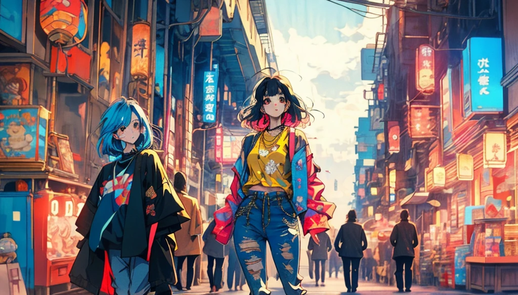 A full body woman on a street in 80s anime style, with a vintage aesthetic. She is wearing an oversized denim jacket, high-waisted wide-leg pants and sneakers, all with soft colors, typical of the 80s. Your hair is long, smooth ass, with a touch of nostalgic sparkle, and is slightly disheveled by the wind. The street around it has classic elements like old lamp posts., neon signs with japanese signs, and buildings with aged facades, but still colorful. The lighting is soft, with pastel tones and a late afternoon sky, creating a tranquil and relaxing atmosphere. There are few pedestrians in the background, all with outfits equally inspired by 80s fashion. The setting evokes a sense of nostalgia and serenity, ideal for the background of a lo-fi music video.