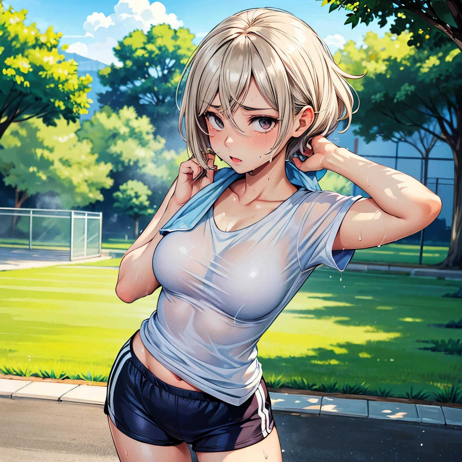 A 2 beautiful woman has just finished running in a park on a sunny summer morning, wearing short-sleeved sportswear and short pants. She is sweating, (((sweat on her skin))) glistening in the sunlight, wiping the sweat off with a towel, a refreshing image, a girl's manga-style illustration touch,