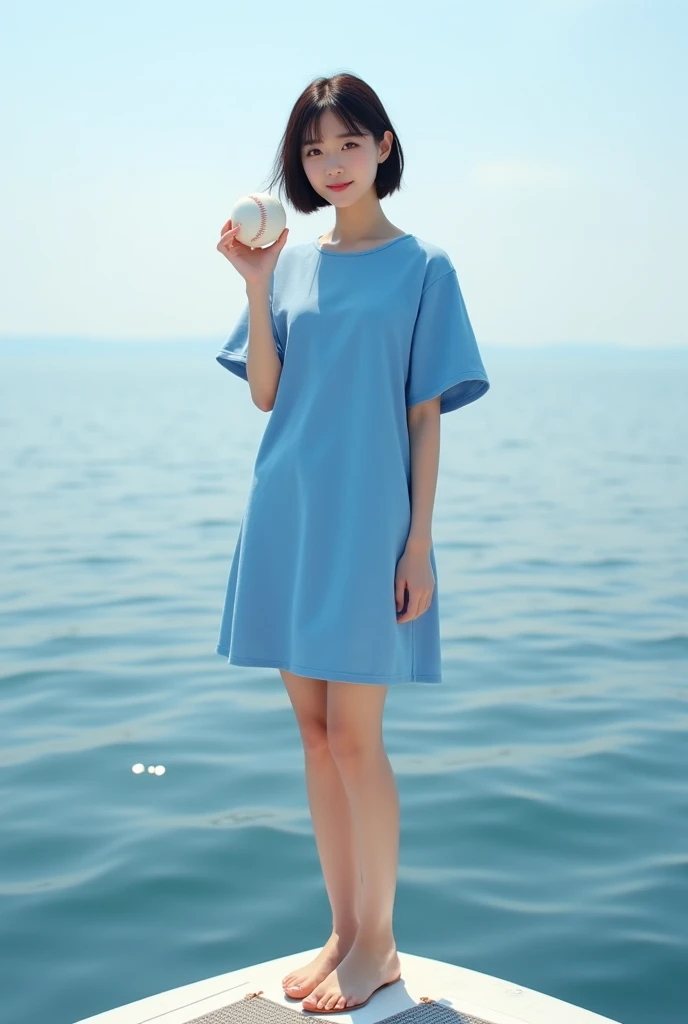 Highly realistic 8k photos, sea background, standing on a boat, holding a baseball with one hand, Korean woman, Wearing a blue one-piece dress, standing face to face, Looking at the camera, A photo showing the whole body, short hair, full body photo, Feet coming out, A little smile,