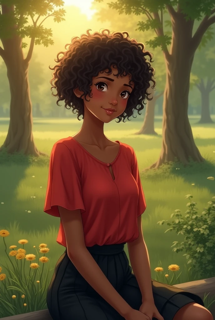 A dark skinned girl, short rizo hair, Red blouse Short, black skirt, Brown eyes, sitting in a park, looking at the sunset under the sunlight.