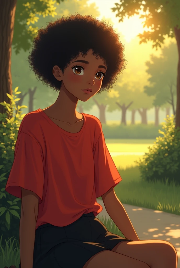 A dark skinned girl, short rizo hair, Red blouse Short, black skirt, Brown eyes, sitting in a park, looking at the sunset under the sunlight.